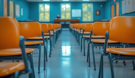 College classroom with empty orange chairs. 