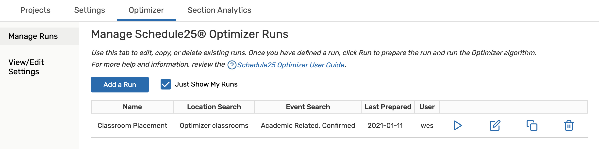 Screenshot of the Schedule25® Optimizer dashboard