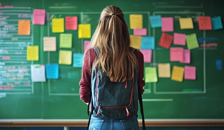 Female community college student standing in front of a whiteboard. 