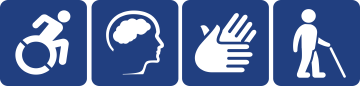 accessibility icons: wheelchair, brain, two hands, person walking with a cane