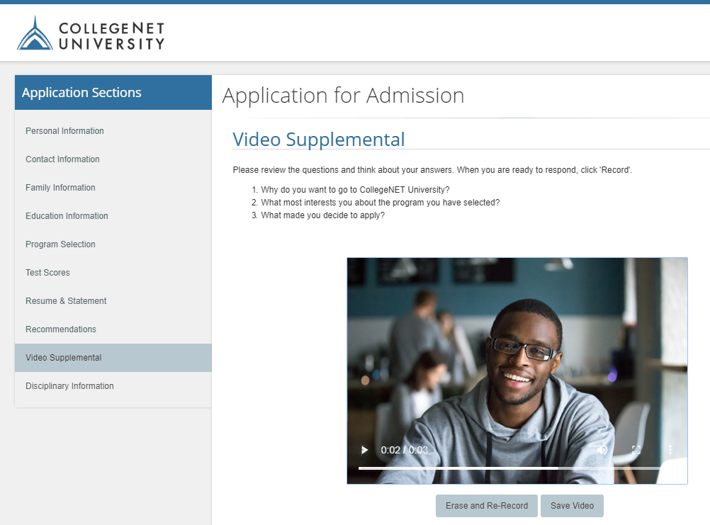 screen shot of video admissions with man on screen