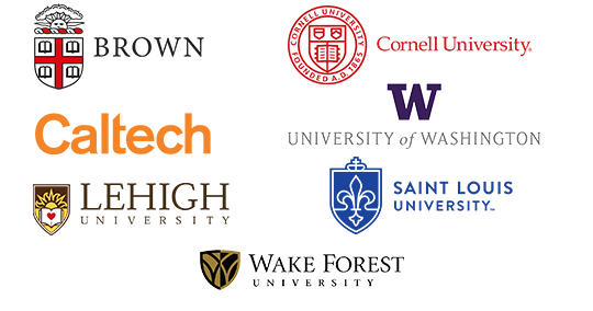 University logos: washington state university, emory, cal tech, KU, saint louis university, clemson, cornell, virginia tech, university of washington